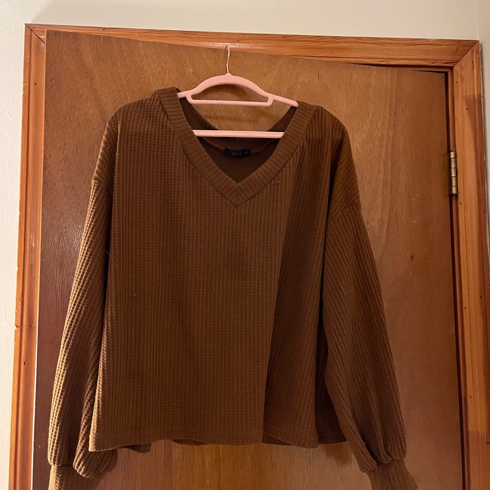 Brown V-Neck Waffle Knit Sweater